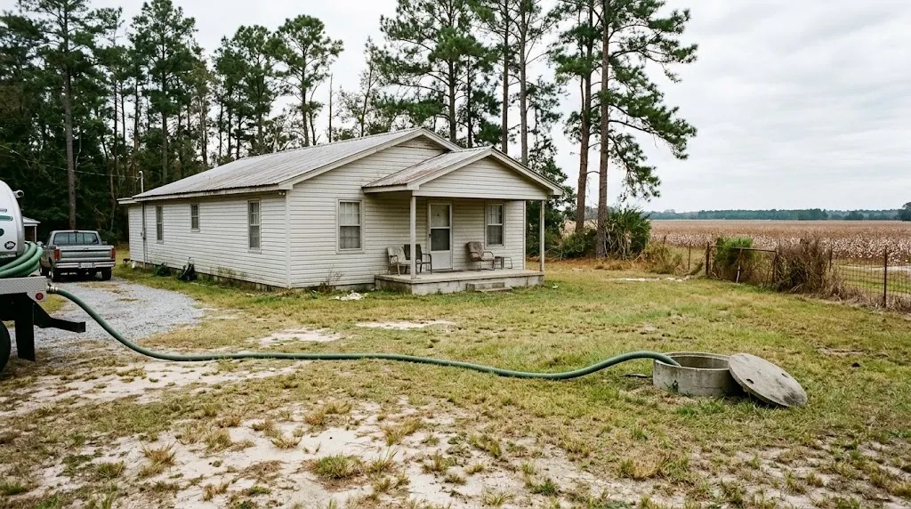 Septic tank pumping at a rural home in Florence County, SC